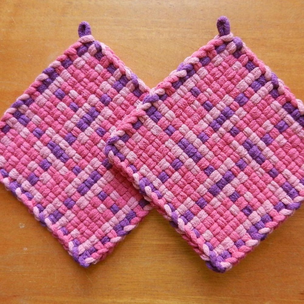 Set of 2 Handmade Artisan Cotton Woven Loomed Barbie Pink Potholders Trivets